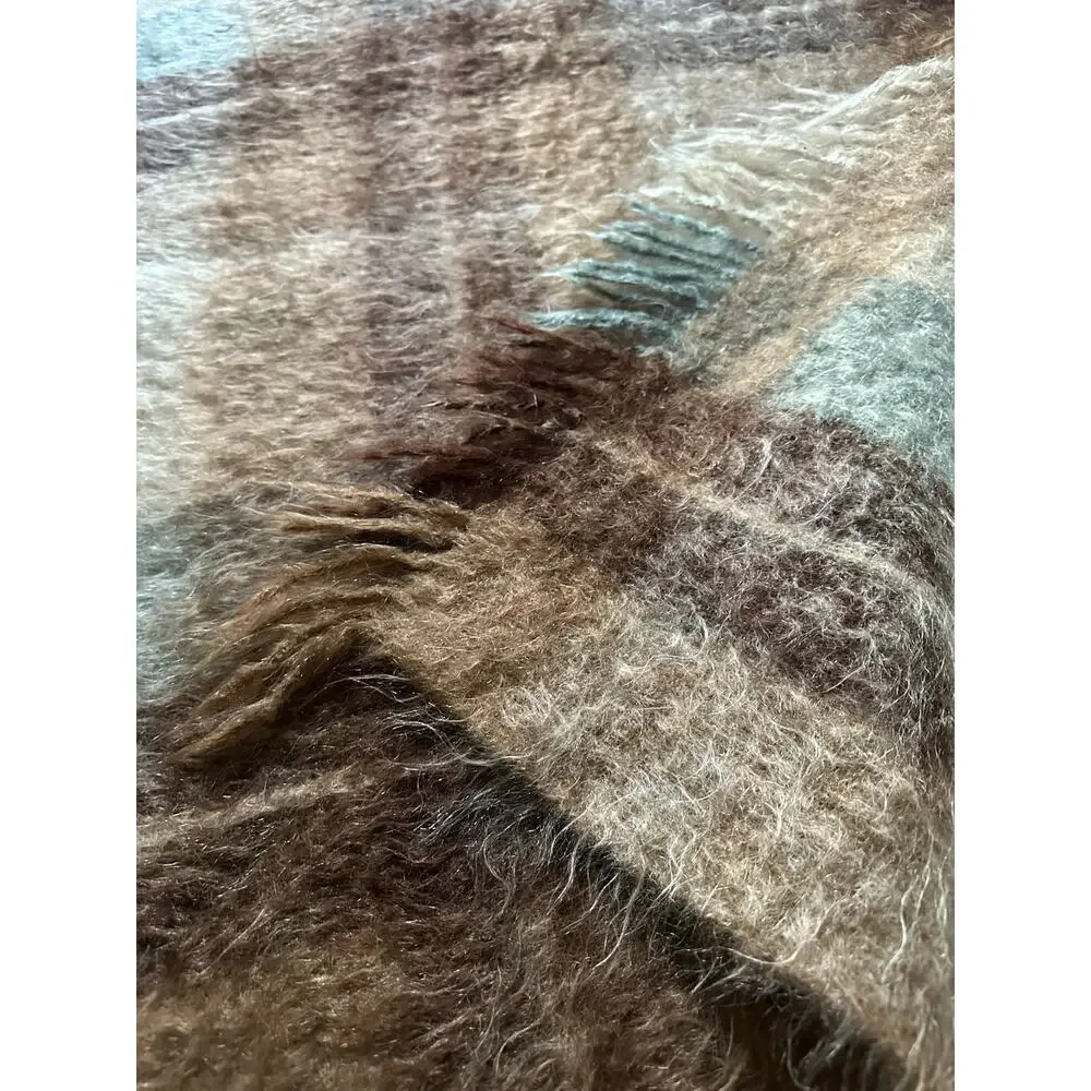 Vintage Mohair & Wool Throw plaid beige blue tan fringed fuzzy 52x36”